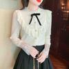 Winter Fashion New 2024 Long Sleeve Bow Ruffled Collar Ruffles Apricot Velvet Lace Blouse Shirt Women Tops Blouses Shirts J795