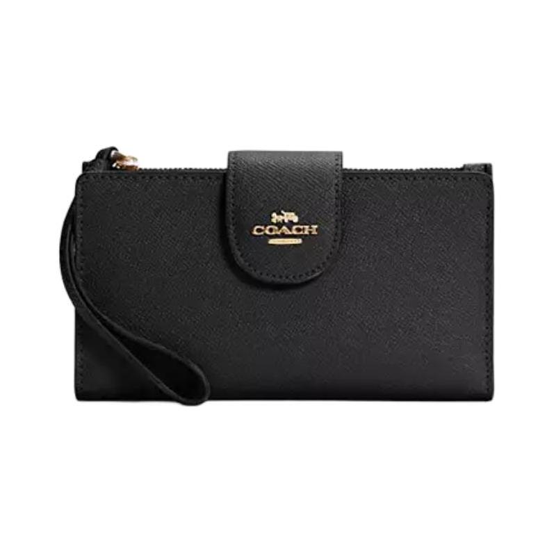COACH 18 Metal Logo Snap Zipper Closure Saffiano Leather Wallet Women s Gold and Black чёрный