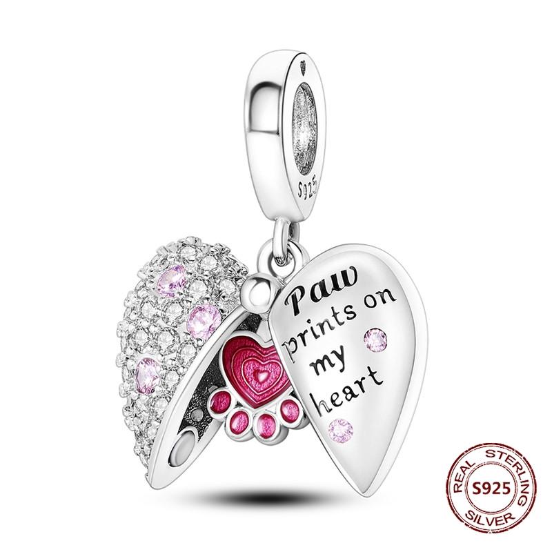 Copper Original Dog Cat Safety Chain Lazy Cat Pink Zircon Pet Paw Print Footprint Charms Fit Bracelet For Women Diy Jewelry