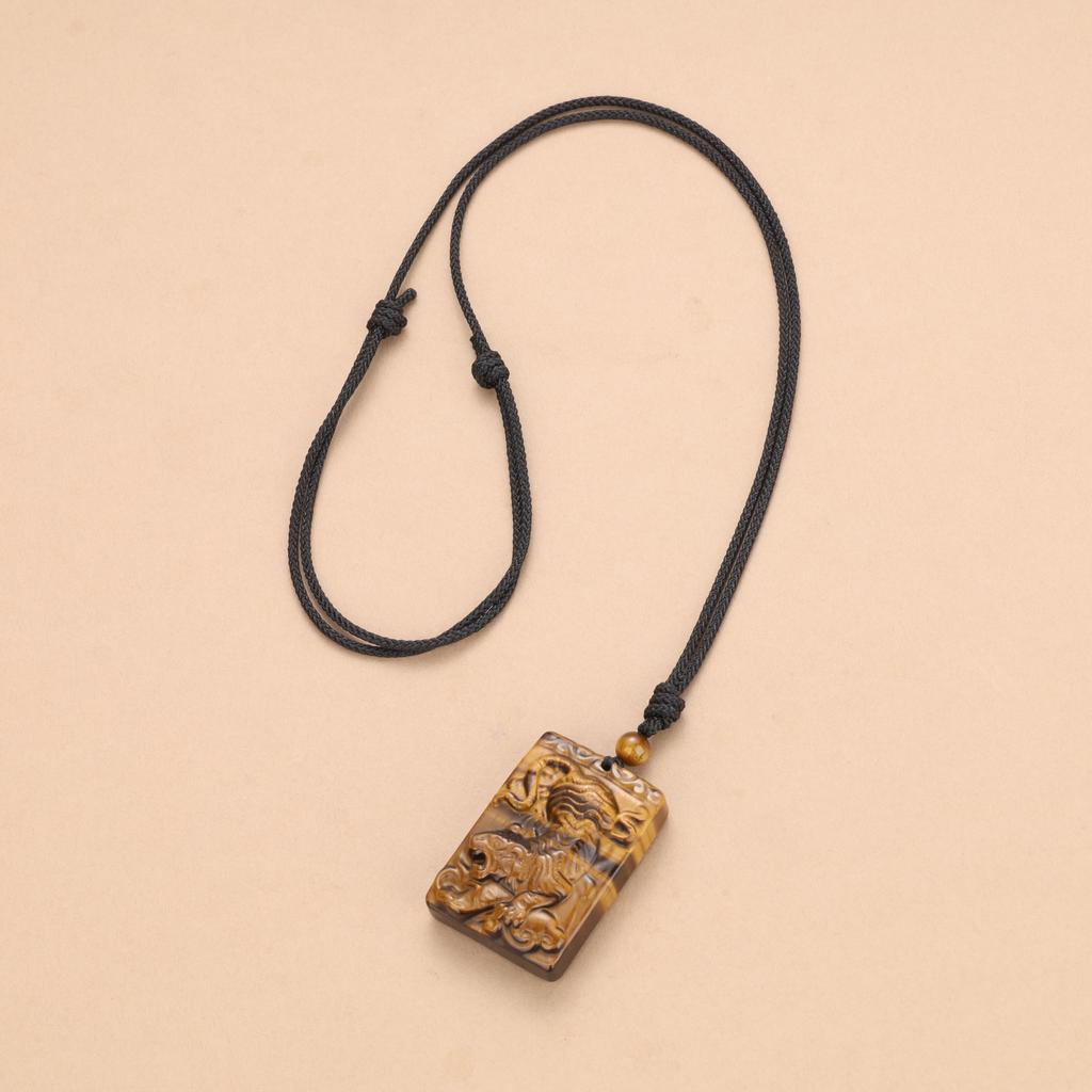 [COAI] Tiger Carving Tiger Eye Lucky Charm Plate for Wealth, Business Success, and Business Luck - Power Stone Pendant Necklace for Men and Women,