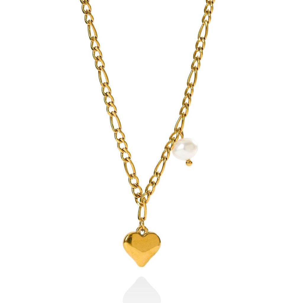 Stainless Steel Heart Pendant Necklace with Natural Pearl - Elegant, Colorfast Jewelry for Women