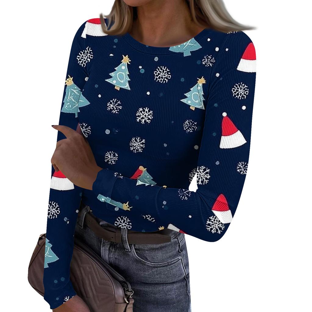 Γυναικείο Μοντέρνο Μπλουζάκι Βασικής Στρώσης Στενής Γραμμής με Στρογγυλή Λαιμόκοψη και Χριστουγεννιάτικη Εκτύπωση, Μακρυμάνικο Τοπ