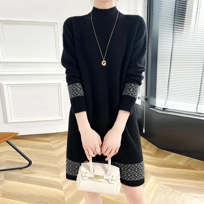 Women's Loose-Fit Wool Knit Base Layer Skirt for Fall/Winter Comfortable High-Neck Dress