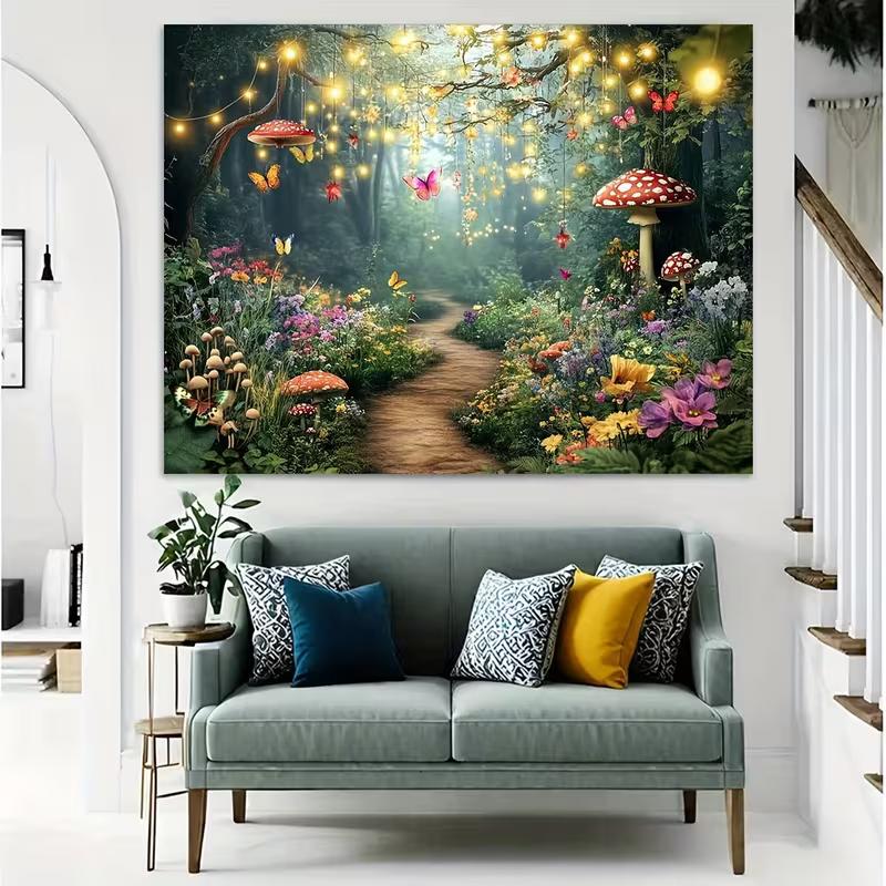 2D Printed Enchanted Fairy Forest Backdrop, Glowing Firefly & Mushroom Path Photo Background for Studio