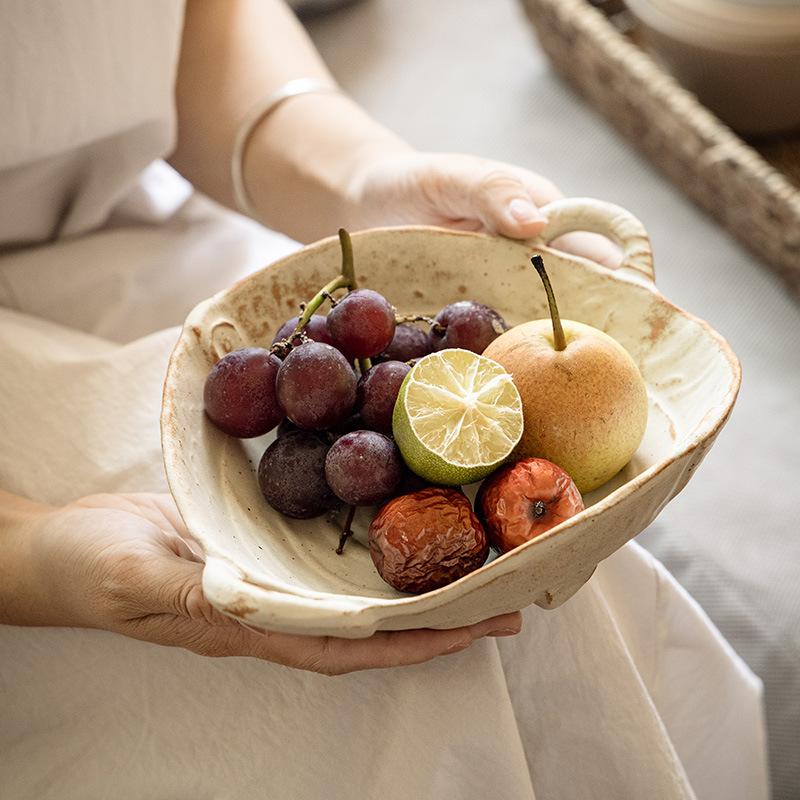 Handmade Coarse Pottery Binaural Plate Retro Salad Plate B & B Restaurant Bread Tableware Bowl Household Soup Bowl Binaural Bowl