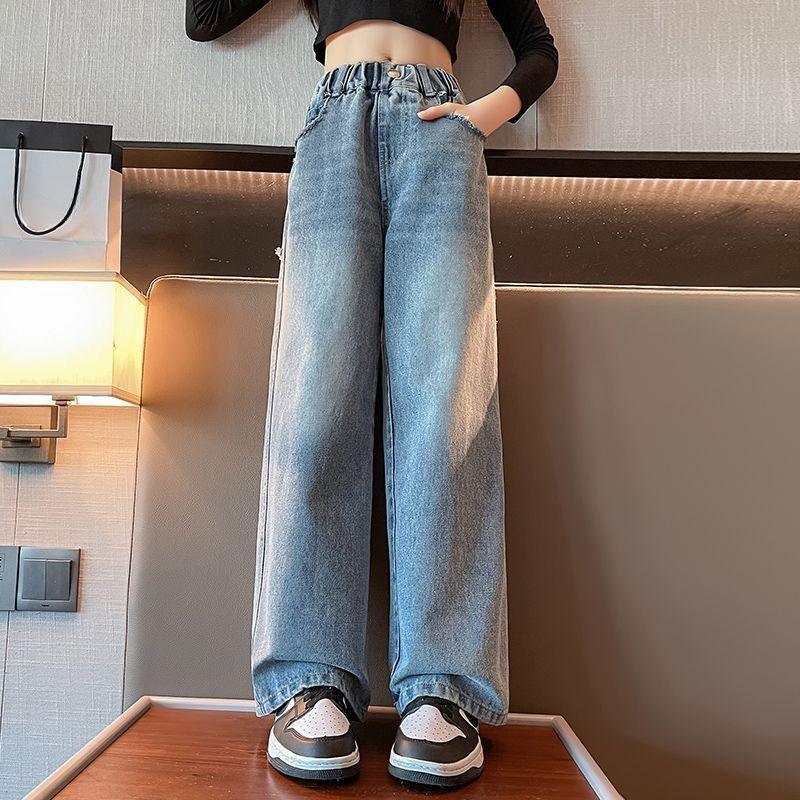 Girls' Fashionable Ripped Jeans for Summer and Fall; Children's Lightweight Straight-Leg Wide-Leg Pants