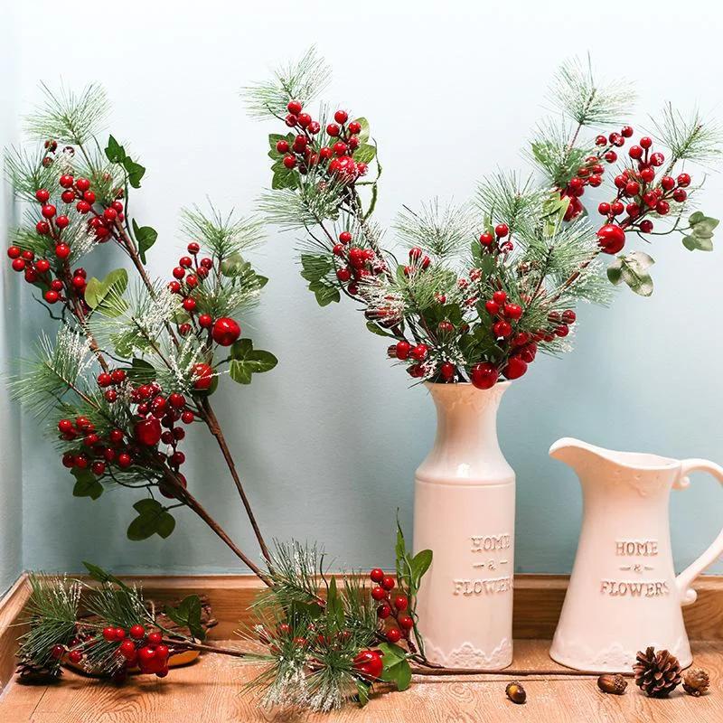 Christmas Berries Pine Artificial Berry Pine Branch Needles Faux Christmas Plant Xmas Tree Wreath DIY New Year Christmas Decor
