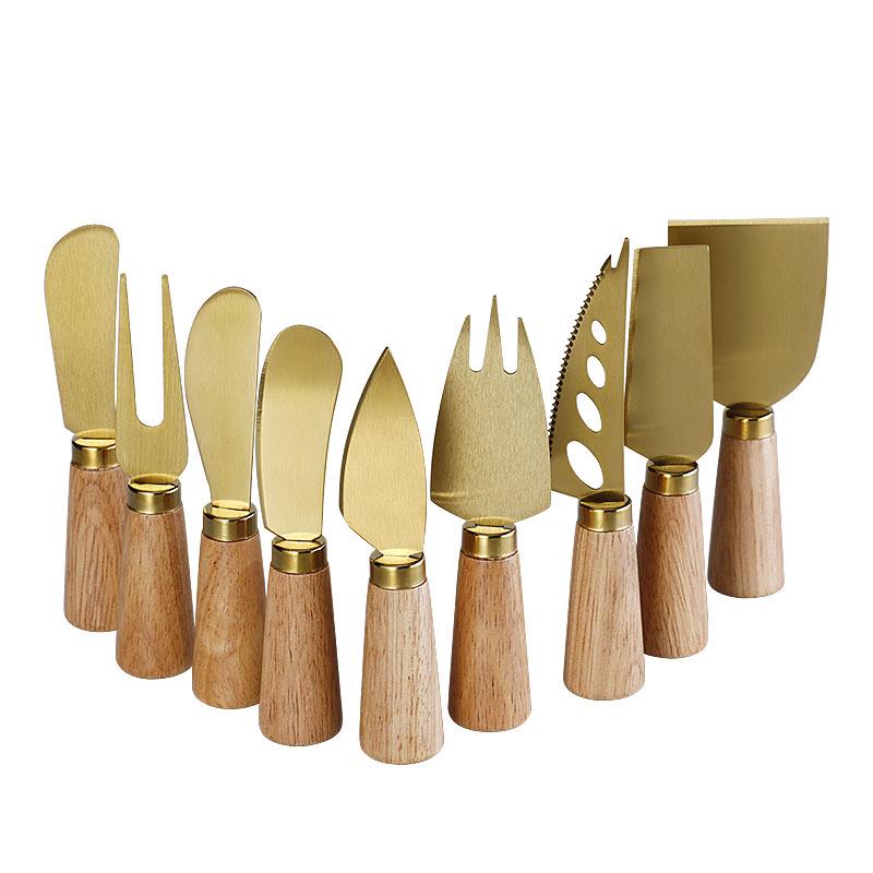 Stainless Steel Gold Cheese Knife Set with Fork and Rubberwood Handles