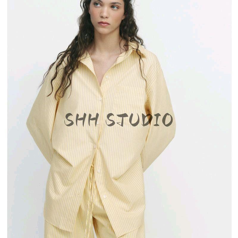 Spring New Women's Clothing French Style Stripes Pajamas Style Pants 4661411 Loose Poplin Shirt 2020458