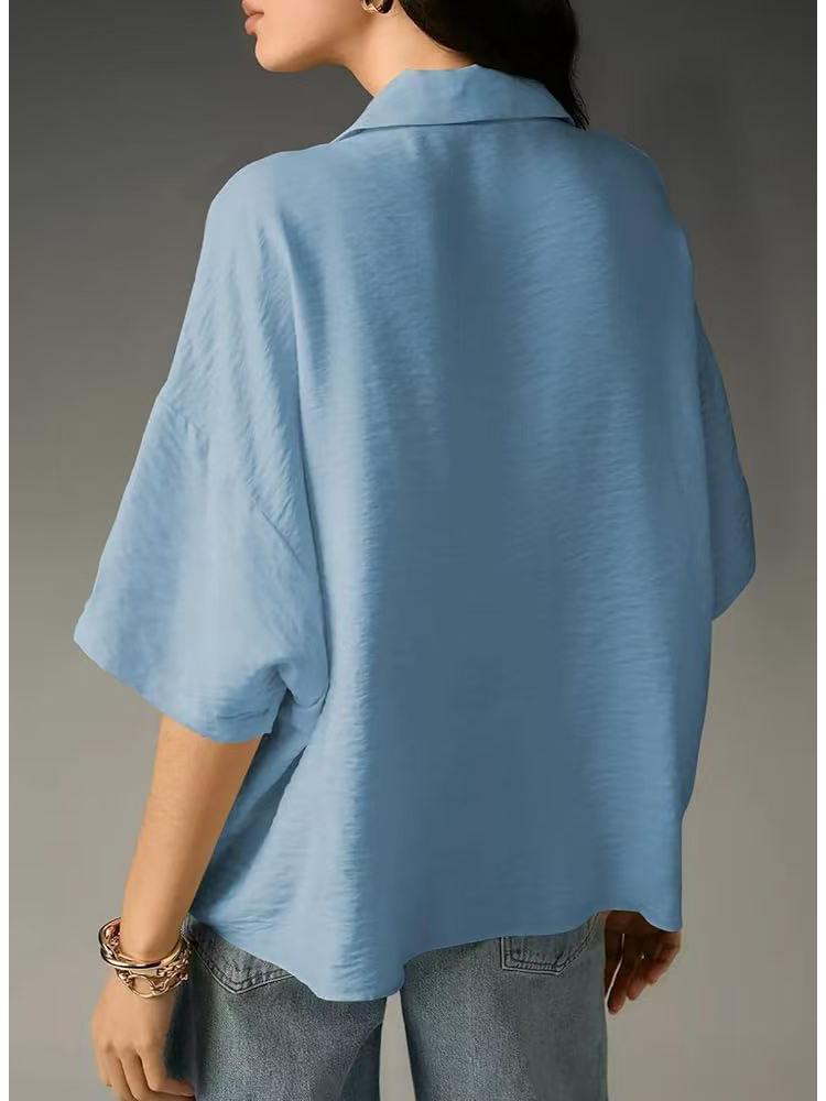 2025 Women's Casual Loose Short Sleeve Lapel Shirt - Solid Color, Summer Style