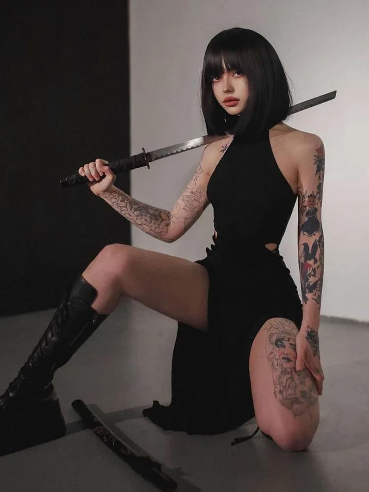 Goth Dark Cosplay High Split Sexy Bandage Women Dresses Gothic Halter Slim Midi Dress Black Grunge Style Alt Partywear