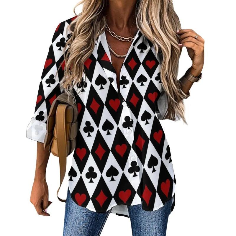 Poker Cards Loose Blouse Playing Cards Street Fashion Spring Autumn Blouses Womens Long-Sleeve Vintage Shirt Spring Graphic Tops