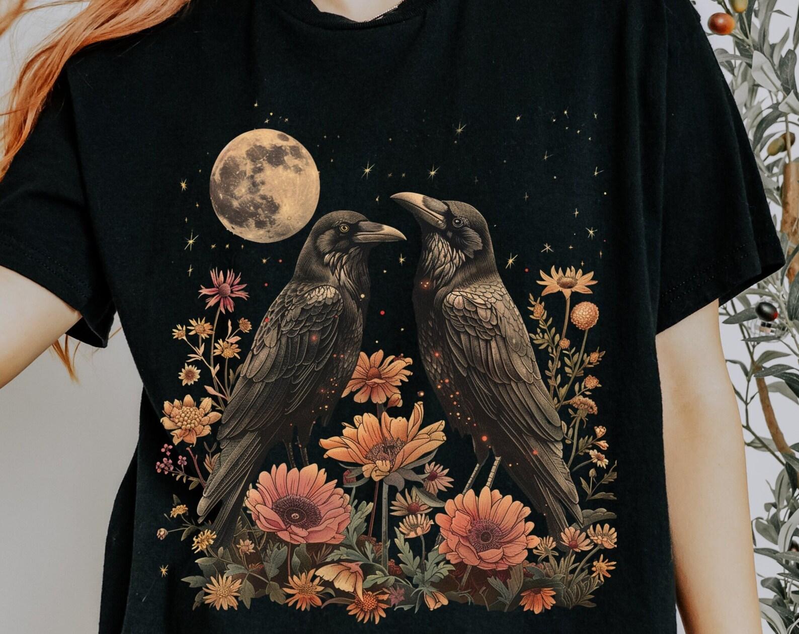 Celestial Ravens Comfort Colors Shirt: Moon Phase Floral Tee XL