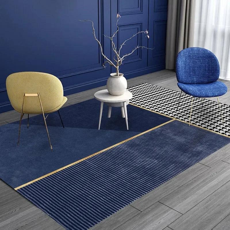Blue Yellow Striped Geometric Area Rug Nordic Elegant Art Living Room Carpet Soft Non-Slip Bedroom Floor Mat Creative Decor