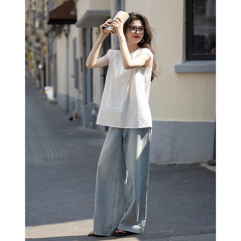 Women's Lightweight Cotton Poplin Split Neck Flutter Sleeve Blouse