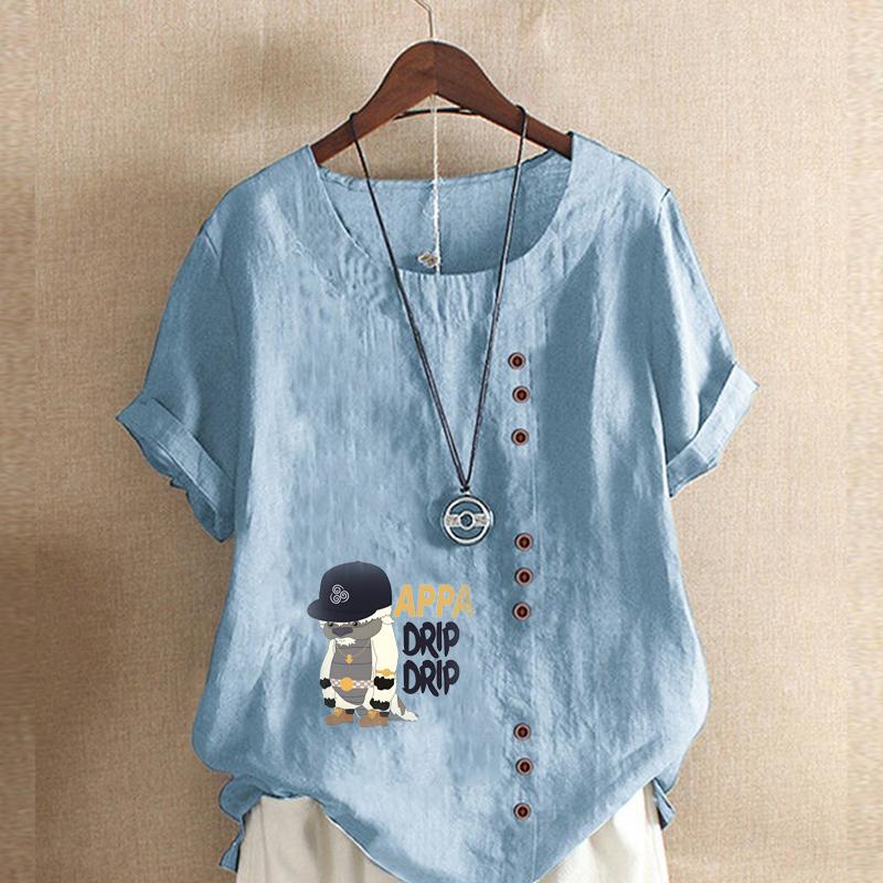 Damska Koszulka T-shirt z Okrągłym Dekoltem i Krótkim Rękawem Casualowa Bawełniana Lniana Koszula z Nadrukiem Postaci z Kreskówek Letnia Bluzka Top Plus Size