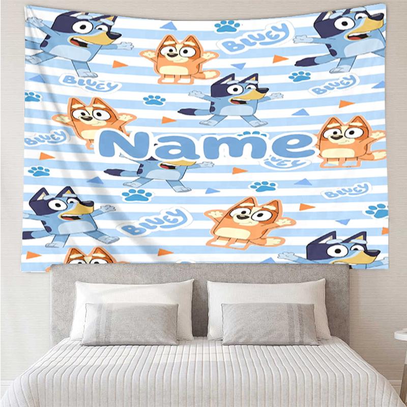 Custom Name Bluey Print Tapestry, Backdrop, Easy Setup, Ideal for Bedroom, Office & Living Room, with Aesthetic Wall Hanging Decor.