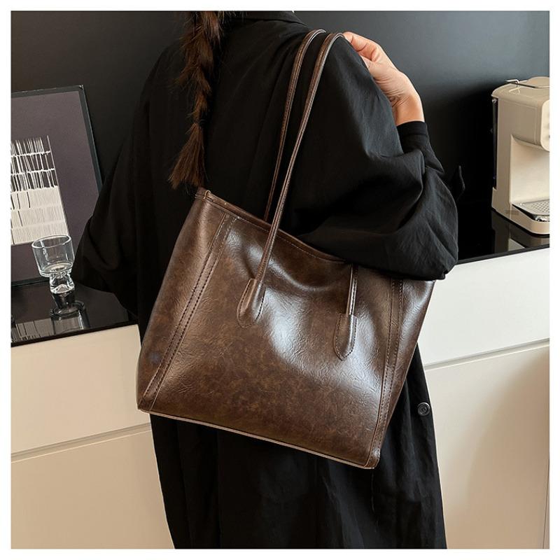 Vintage Large Capacity Faux Leather Tote Bag for Women, Chic Korean Style Commuter Shoulder Handbag, Soft Texture Fashion Work Bag