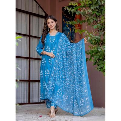 Pure Cotton Printed Kurti Pant Dupatta Set Women's Ethnic Top Tunic Kurta Set