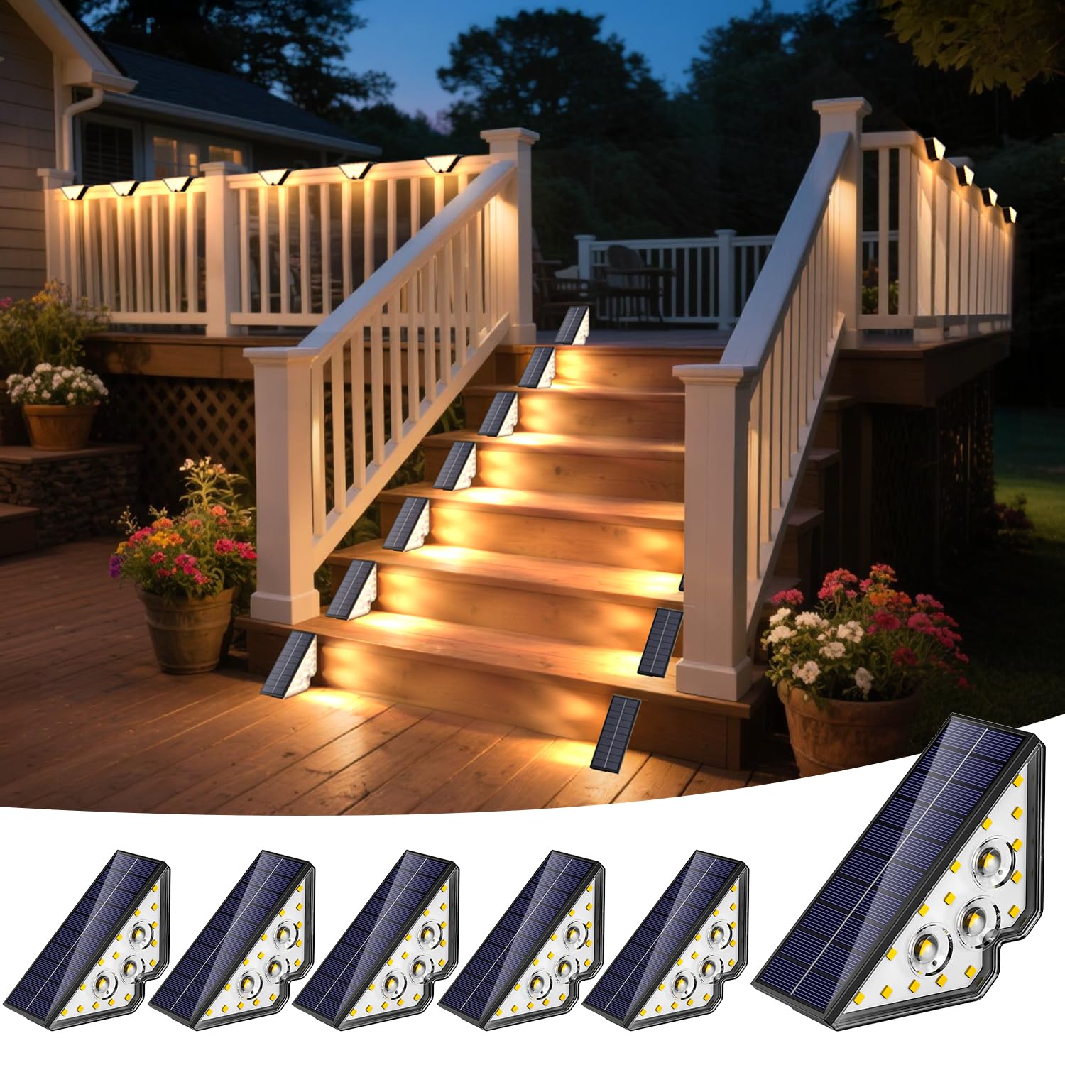

Stair Step Lights for Outdoor IP65 Solar Deck Automatic Easy Nighttime and Warm Set of 6 Solar-Powered Use, Waterproof, Lights, Charging,