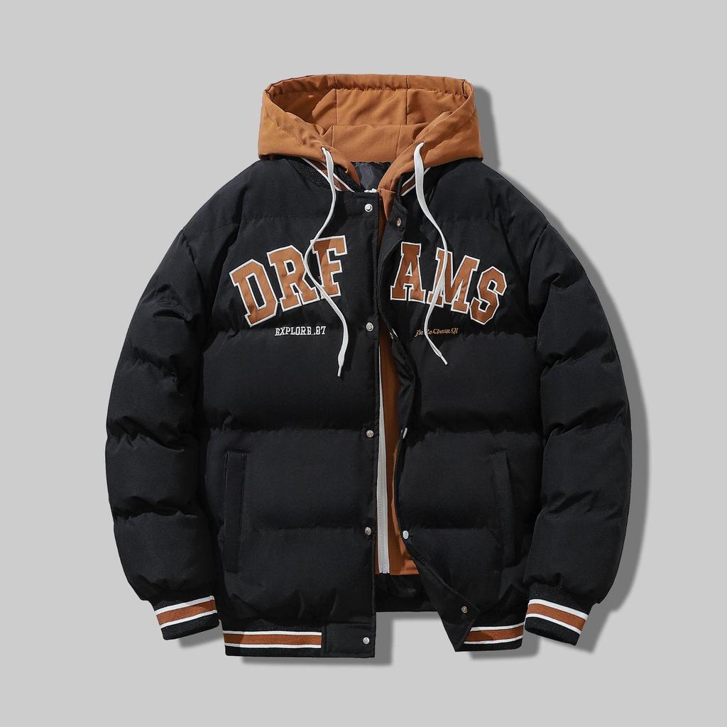 Men's Trendy Korean-Style Hooded Jacket - Loose Fit, Thick, Cotton-Filled, Fake Two-Piece Design for Autumn/Winter.