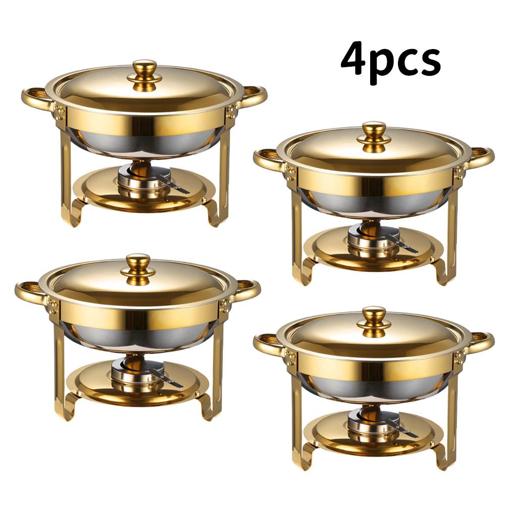 Golden insulated food pot set, including 5-quart round stainless steel insulated pot, lid, and bracket. Suitable for parties