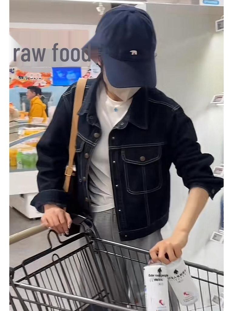 Hong Kong Retro Dark Blue Denim Jacket with Turn-Down Collar - Women's Loose Slimming Design