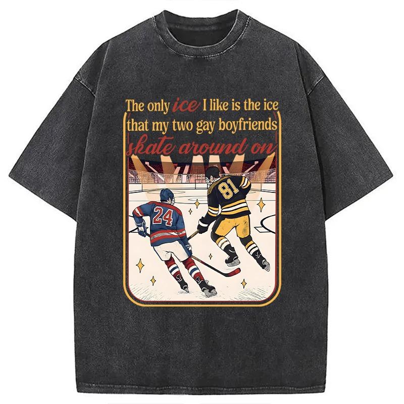 Fashion Ice Hockey Print T-shirt Summer Men's Holiday Short Sleeve Washed Acid Tees Casual Loose Button Down Clothings