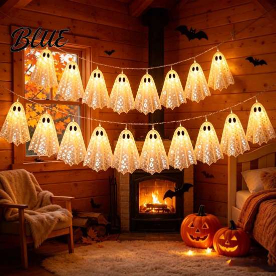 Modern Halloween Home Atmosphere Decoration String Lights with Sequin Fabric Decor Battery Operated Party Porch Decorations 10 White Ghost for Patio