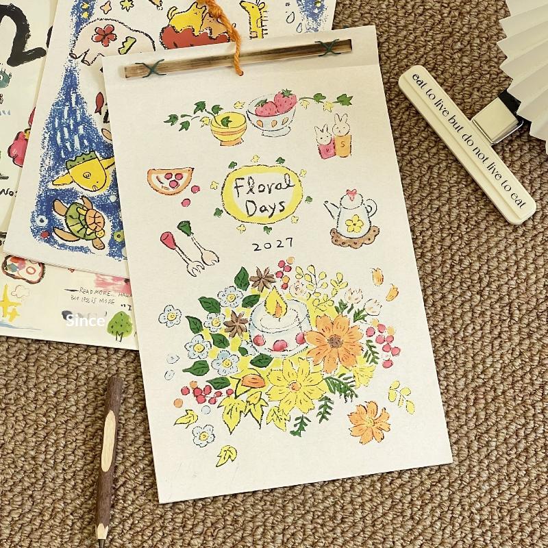 2027 Wall Hanging Calendar Pre-punched Holes Hand Drawn Afternoon Tea Floral Patterns for Home Use