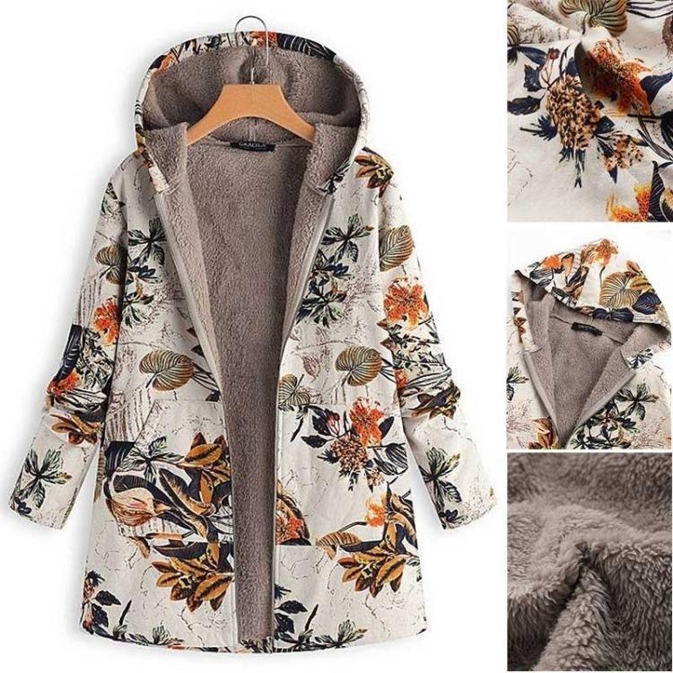 New Women Retro Wool Jacket Slim Casual Long Sleeve Warm Hoodie with Pocket Flower Design Fashion