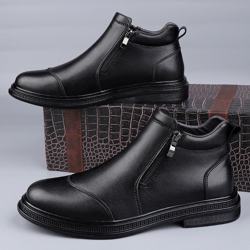 Large size high-top leather shoes British side zipper foot cover casual velvet leather shoes