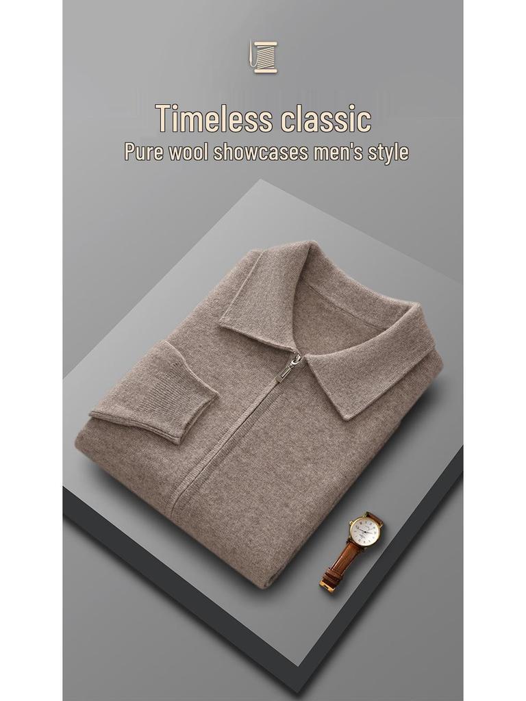 Men's 100% Pure Wool Knit Polo Collar Cardigan – Thickened, Fashionable, Zipper-Front Sweater for Business & Casual Wear.