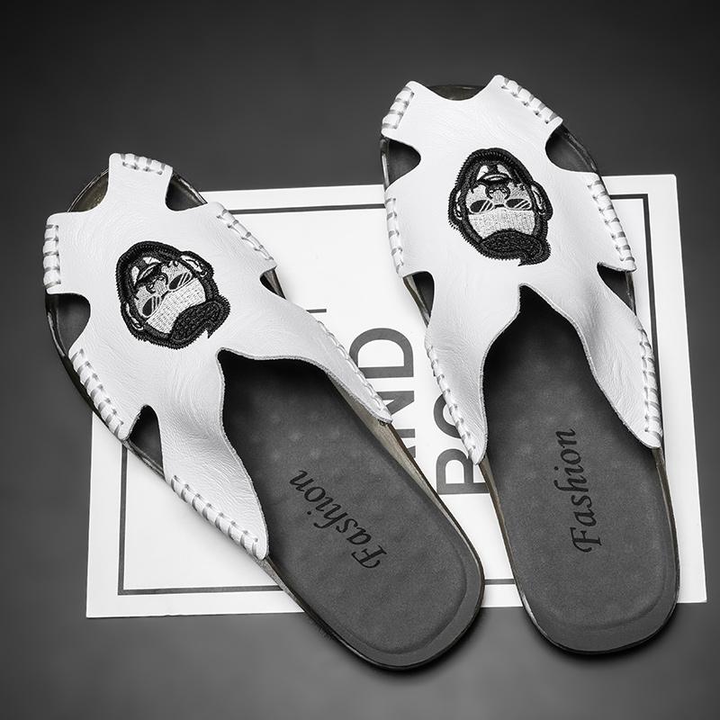 Summer Men's Flat Slippers Extra Wide Slide Sandals Outdoor Beach Open Toe Casual Soft Walking Leather Sandals