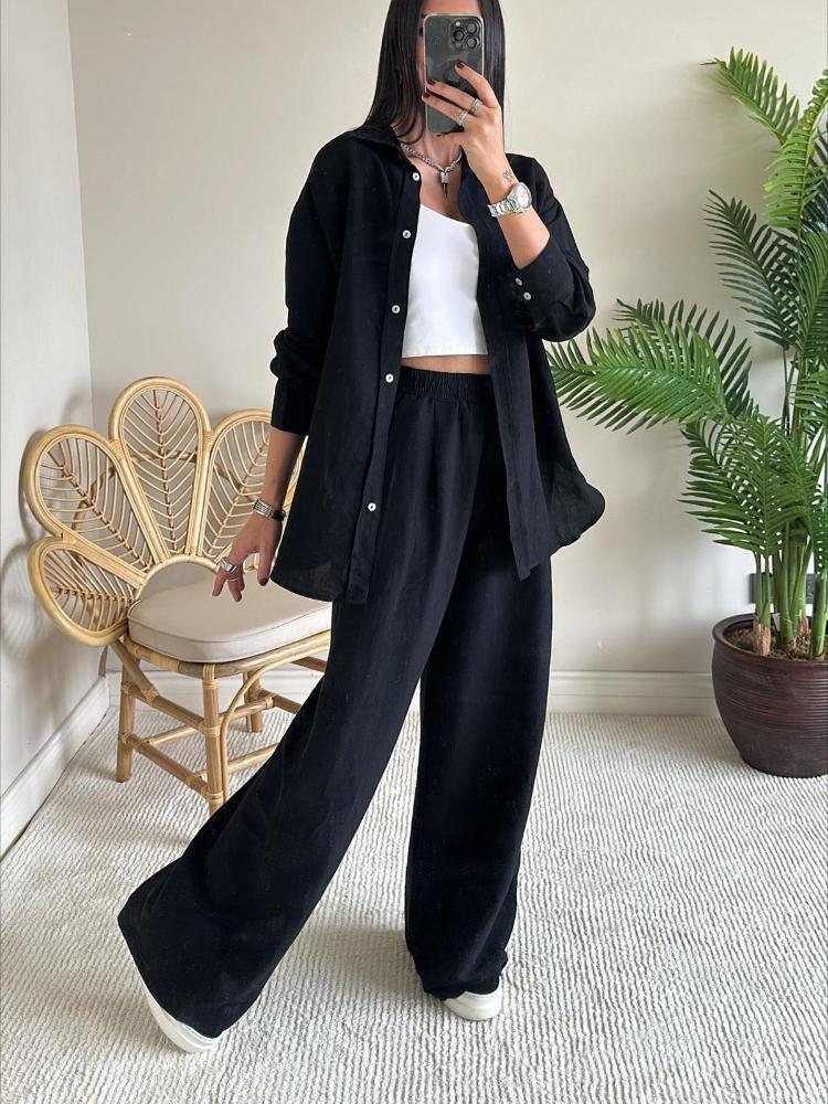 

Women s Casual Loose Long Sleeve Shirt and Wide Leg Pants Set In Multiple Colors 5XL чорний