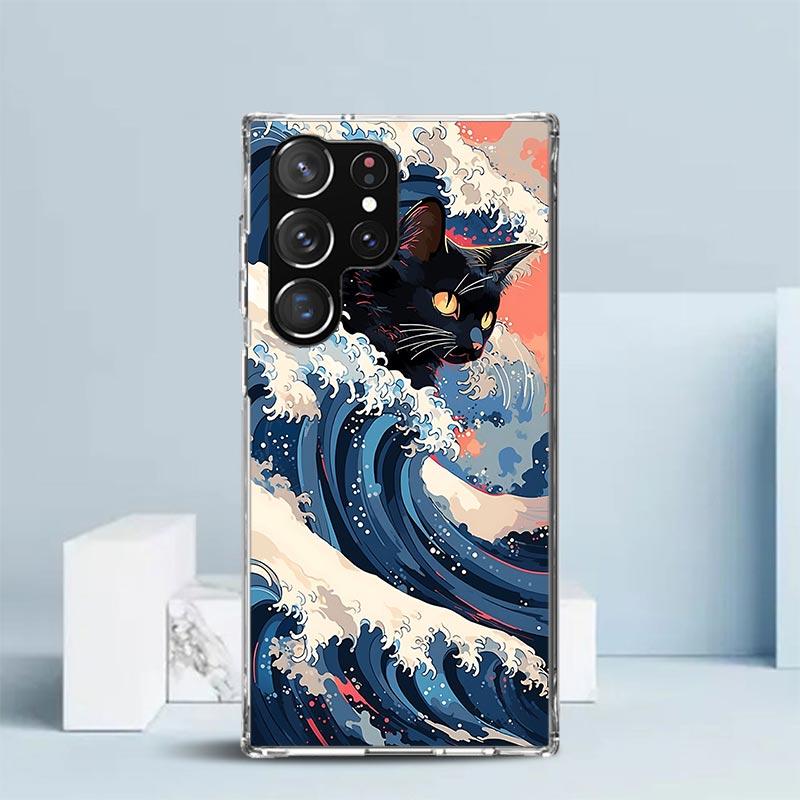 Anime Cat Sea Wave Aesthetic Phone Case For Samsung Galaxy S24 S25 Edge S26 Ultra S22 S23 Plus S21 + S20 FE Soft TPU Back Cover