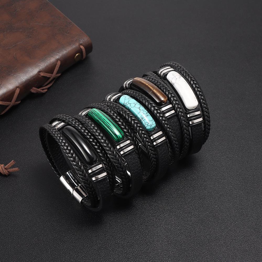 Tiger Eye Stone Multilayer Braided Leather Rope Men's Bracelet Bangles Stainless Steel Jewelry Accessory