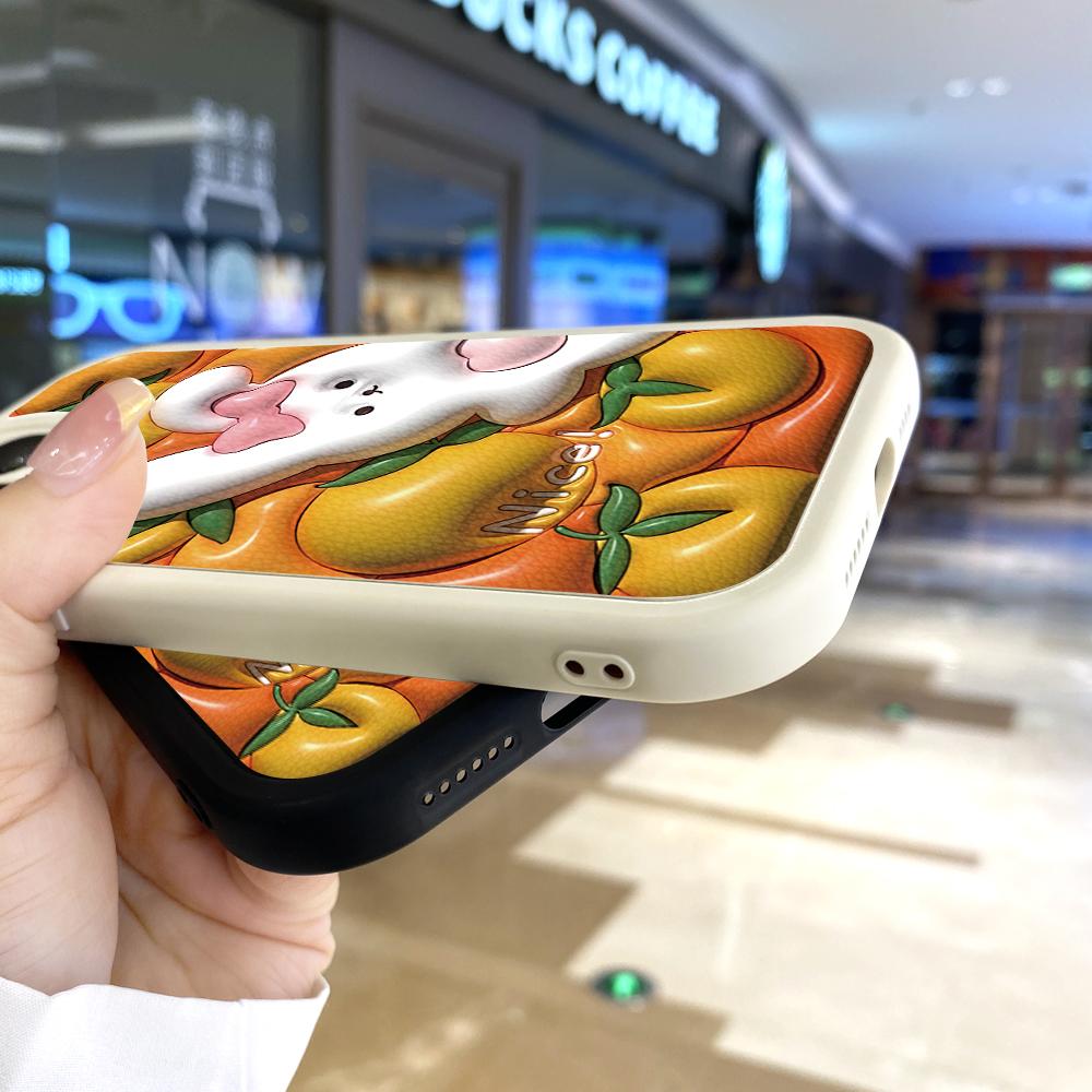 Cienkie etui z miękkiego silikonu PU skóra z kreskówkowym mandarynkowym królikiem na telefon iPhone Samsung Huawei Honor Xiaomi Redmi OPPO Realme Vivo
