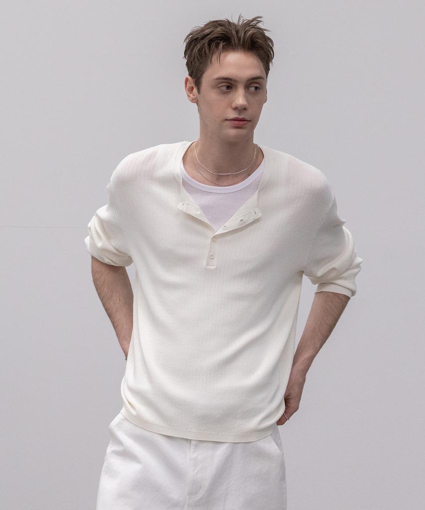 Dekkoloso Light Henley Neck Knit T-Shirt [Ivory]