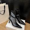 Cowhide version~ Korean version of retro style temperament pointed head high heel short boots women's rear zipper thin heel leather short thin boots