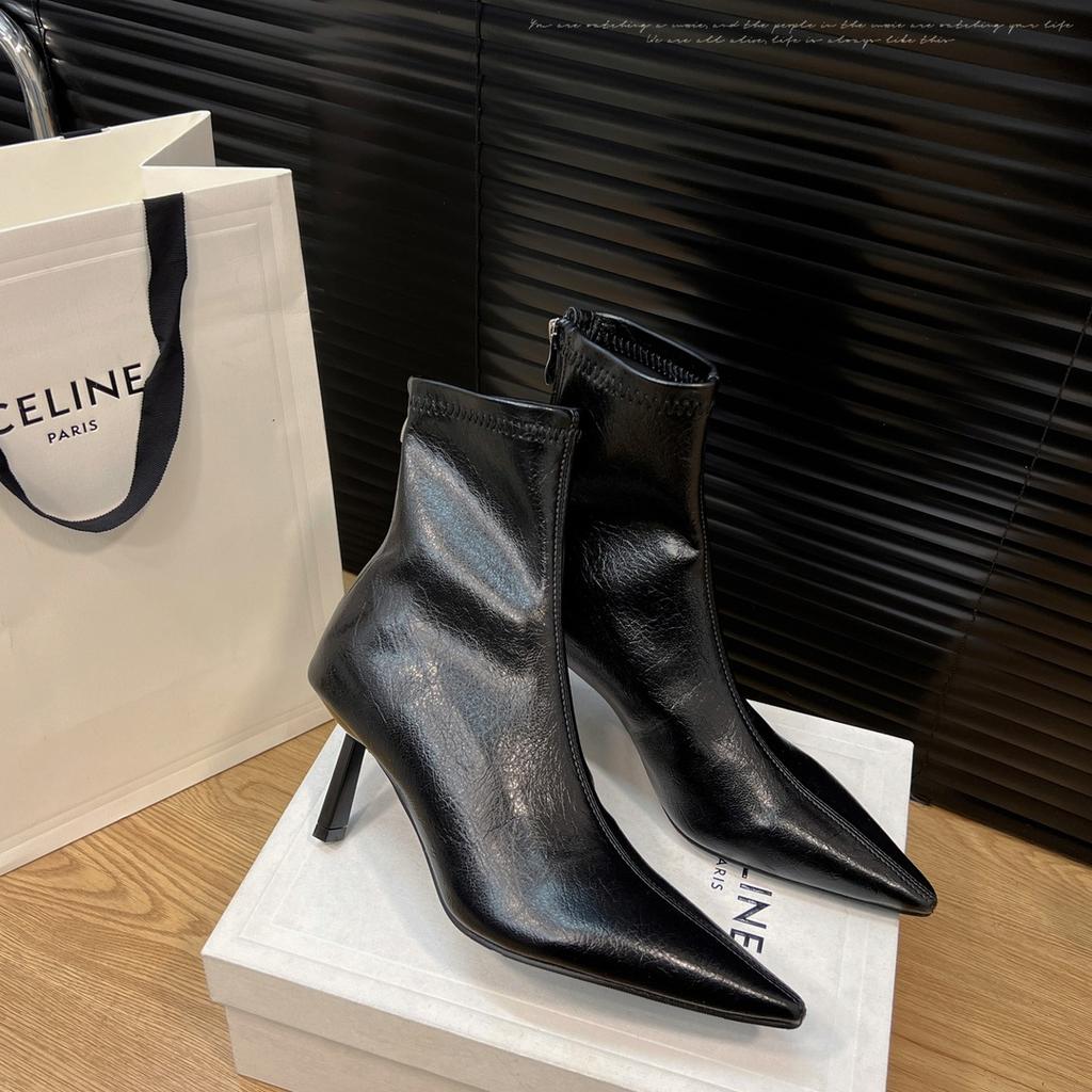 Cowhide version~ Korean version of retro style temperament pointed head high heel short boots women's rear zipper thin heel leather short thin boots