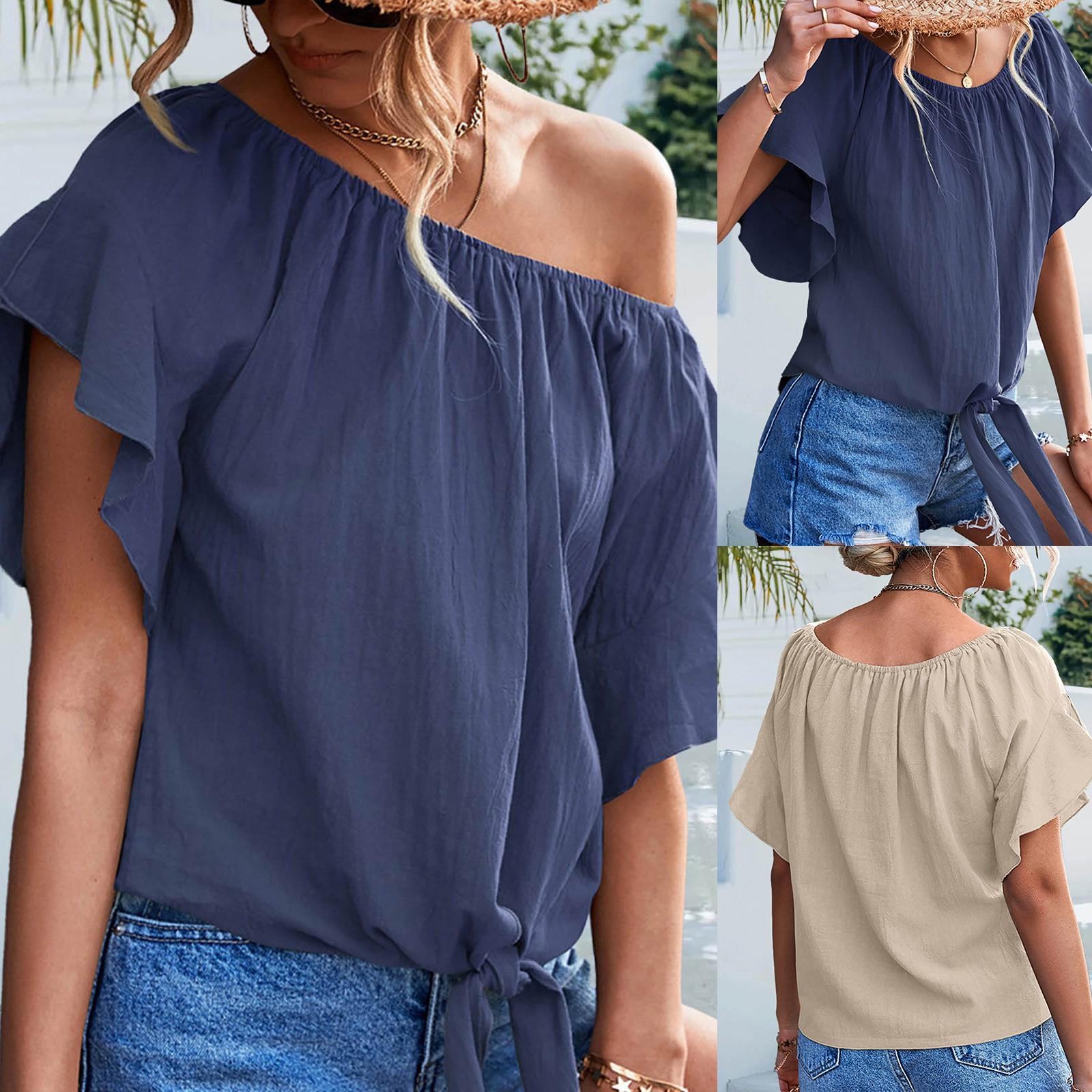 

Модный женский свободный летний однотонный топ с рюшами и круглым вырезом с коротким рукавом