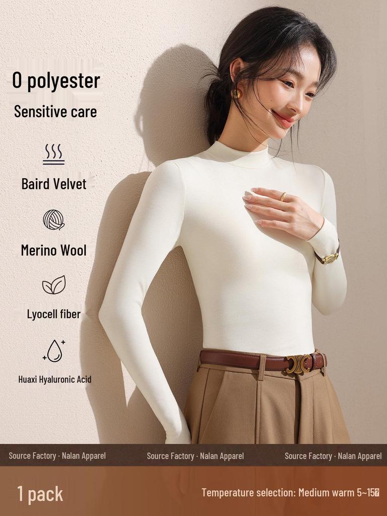 Women's Black Fleece-Lined Half-High Neck Base Layer Knit Top - Thickened Long Sleeve for Autumn/Winter 2026