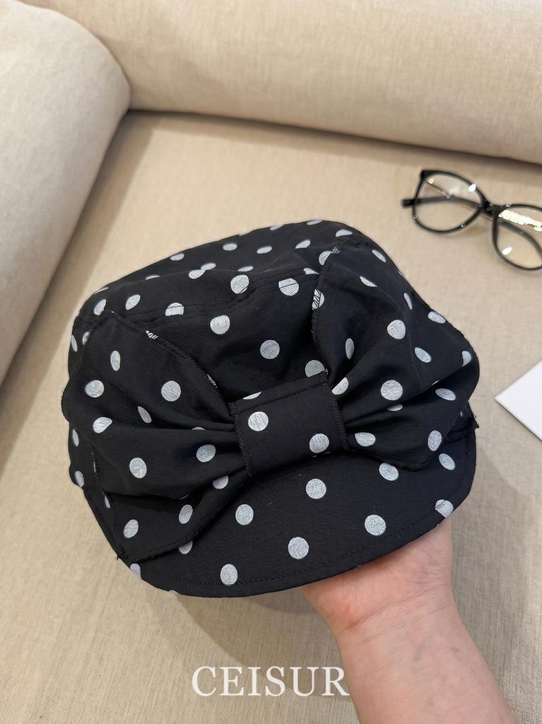 Korean Style Women Retro Polka Dot Bow Beret Cap French Stylish Elegant Sun Hat Versatile Summer New Fashion Baseball Cap