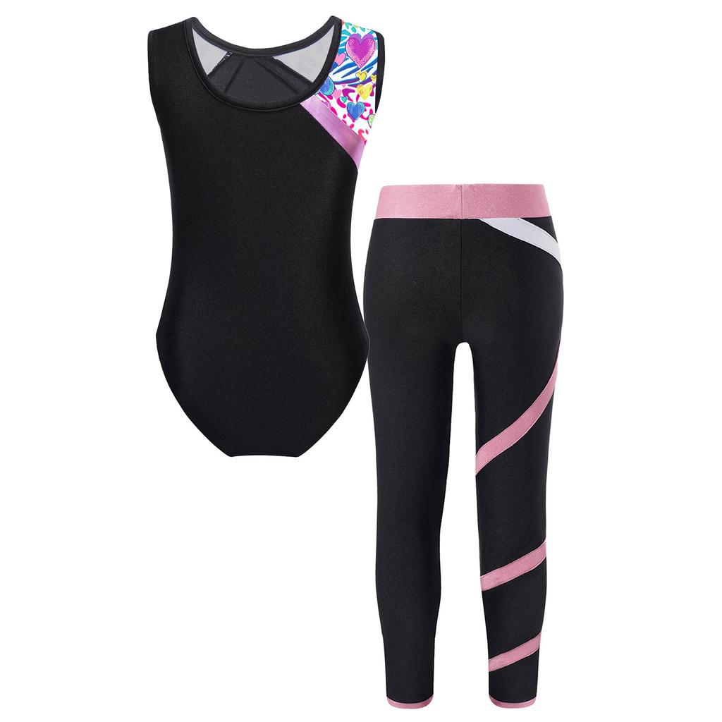 Girls Sleeveless Printed Patchwork Leotard Colorblock Leggings Gymnastics Sports Performance Outfit