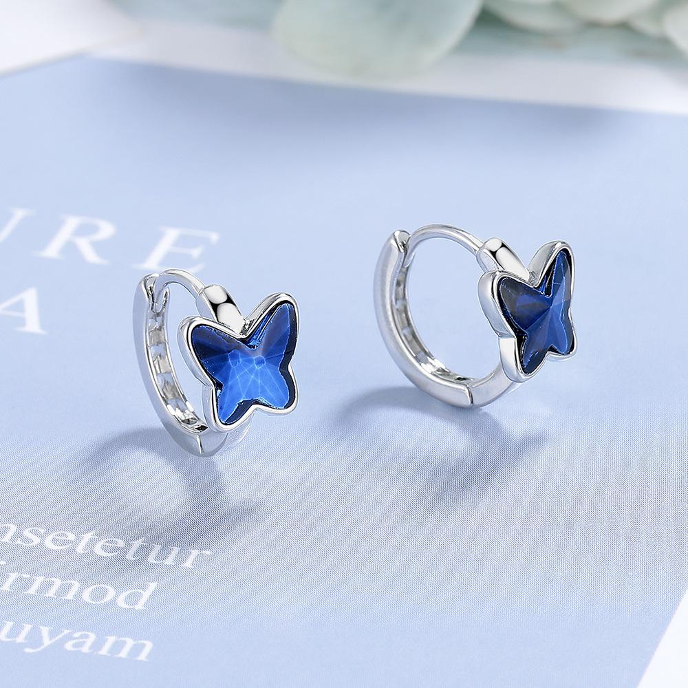 Fashion 925 Sterling Silver Blue Crystal Zircon Cute Butterfly Earring for Women Girl Women Wedding Earring Jewelry Gift