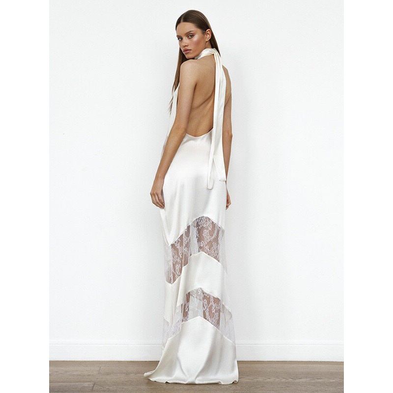 Elegant Lace See-through Halter Dress Lace Stitching Sling Dress