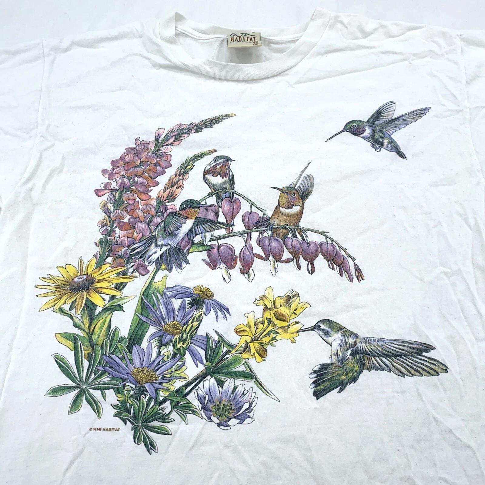 vintage 90s HUMMINGBIRD WILD FLOWERS T-Shirt MEDIUM/LARGE nature bird animal 4XL