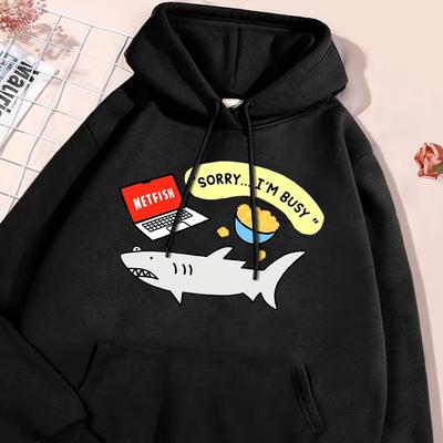 Fun Shark Cartoons Print Streetwear Men Women Crewneck Pullover Hoodies Kawaii Fleece Streetwear Fashion Couple
