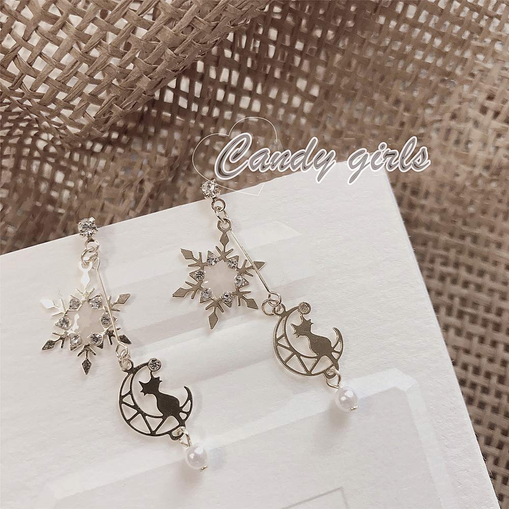 Candy Girls Japanese Dangling Silver Perfect As a Gift for Your Girlfriend Earrings, Winter, Snowflake, Cat, Cute, Style, Earrings, 925,